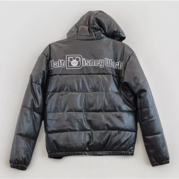 Disney Parks Walt Disney World Black Puffy Puffer Jacket Faux Leather Size XL - Picture 4 of 6